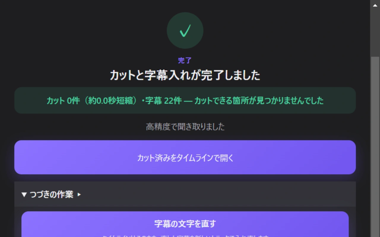 字幕だけを入れ直した後の完了画面。カット0件、字幕22件